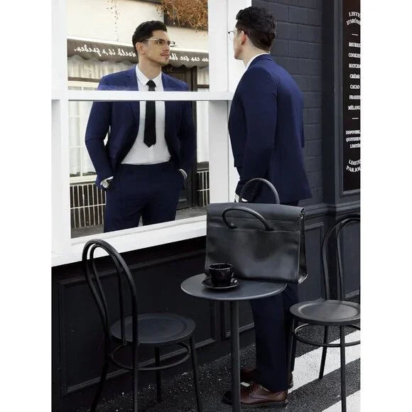 Men's Navy Single Breasted Peak Lapel 2 Piece Two Button Blazer Wedding - Picture 5 of 7